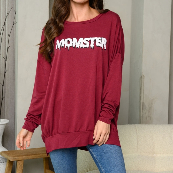 Women's Long Sleeves Graphic Sweater| Sizes Small Medium Large| Color Burgundy - Picture 9 of 9